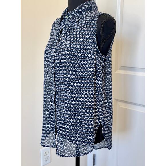 H&M Women Sleeveless Flowy Collared Sheer Geometric Button Down Blouse S6 (T186) - Picture 2 of 7